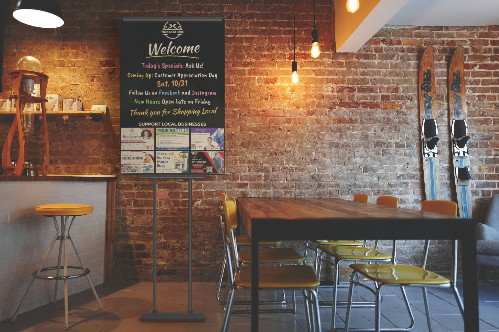 A Magnus Local board on a black metal stand in a brick-walled coffee shop, with Welcome and the day's specials written in colorful chalk marker above six local business ads