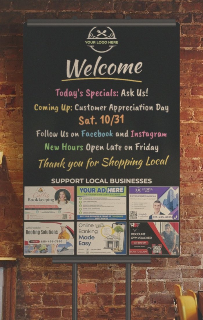 Close-up of the board: the host's logo at top, a hand-lettered chalk marker welcome and specials, and six sponsor ads below